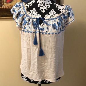 💙Love Stitch Bohemian embroidered + tassel rope tie v-neck flutter sleeves top